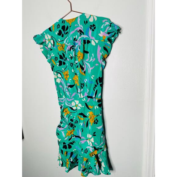 VERONICA BEARD Green Floral Printed Silk Ruched Ruffled Maria Dress Size 4 - Picture 6 of 16